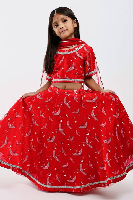 Shop Mamma Plz Red Chanderi, Handloom Cotton, Voile Flying Bird Print Lehenga Set Online at Aza Fashions Shop_Mamma Plz_Red Chanderi, Handloom Cotton, Voile Flying Bird Print Lehenga Set _Online_at_Aza_Fashions