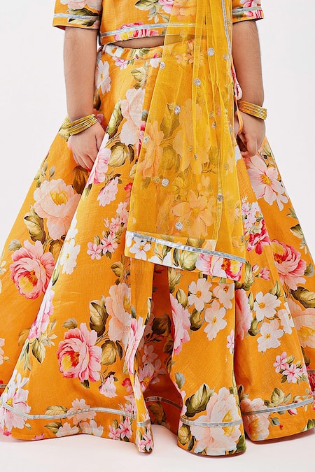 Mamma Plz_Yellow Handloom Cotton, Voile, Chanderi Botanic Floral Print Lehenga Set _Online_at_Aza_Fashions