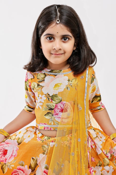 Shop_Mamma Plz_Yellow Handloom Cotton, Voile, Chanderi Botanic Floral Print Lehenga Set _Online_at_Aza_Fashions