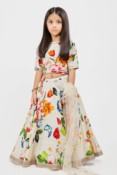 Shop_Mamma Plz_Ivory Cotton, Handloom Cotton, Chanderi Embroidery Flowery Print Lehenga Set _Online_at_Aza_Fashions