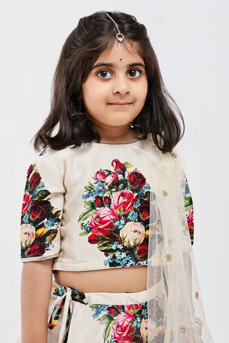 Shop_Mamma Plz_Ivory Handloom Cotton, Voile, Chanderi Floral Bouquet Print Lehenga Set _Online_at_Aza_Fashions