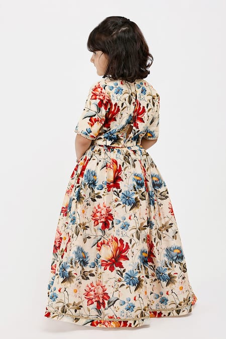 Mamma Plz Flowery Print Handwoven Chanderi Lehenga Set 