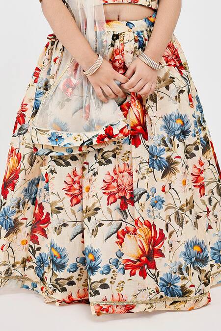 Mamma Plz_Ivory Handloom Cotton, Voile, Chanderi Flowery Print Handwoven Lehenga Set _Online_at_Aza_Fashions
