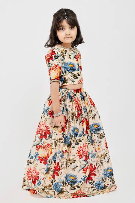 Shop_Mamma Plz_Ivory Handloom Cotton, Voile, Chanderi Flowery Print Handwoven Lehenga Set _Online_at_Aza_Fashions