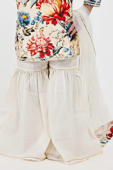 Mamma Plz_Ivory Chanderi Embroidery Floral Print Kurta Sharara Set _Online_at_Aza_Fashions