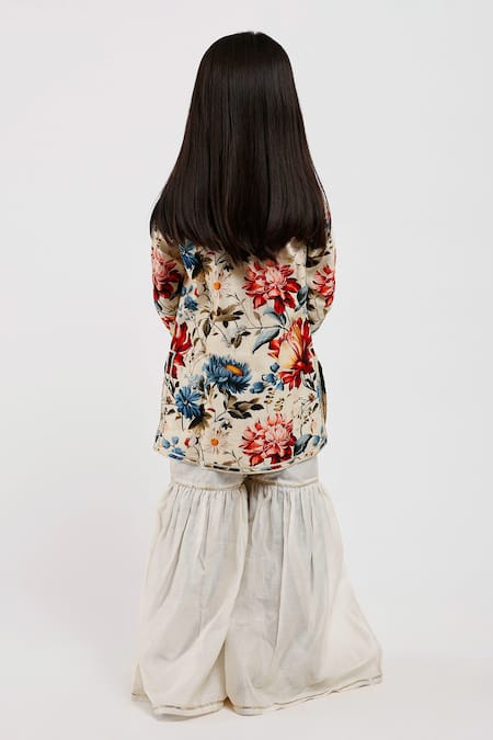 Shop_Mamma Plz_Ivory Chanderi Embroidery Floral Print Kurta Sharara Set _Online_at_Aza_Fashions