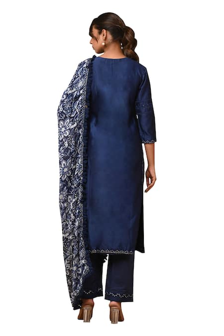 Buy_Gulabik Jaipur_Blue Chanderi Lace, Embroidery Split V-neck Handloom Kurta And Pant Set 