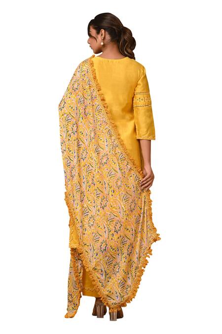 Buy_Gulabik Jaipur_Yellow Chanderi Lace, Embroidery Split Handloom Embellished Kurta And Pant Set 