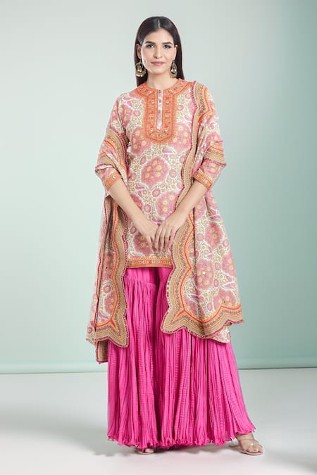 Debyani + Co Pink Chanderi Printed Floral Round Kurta Sharara Set 