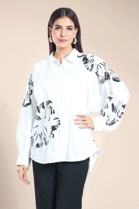 Rahul Mishra White Poplin Embroidery Carnation Floral Shirt Collar  