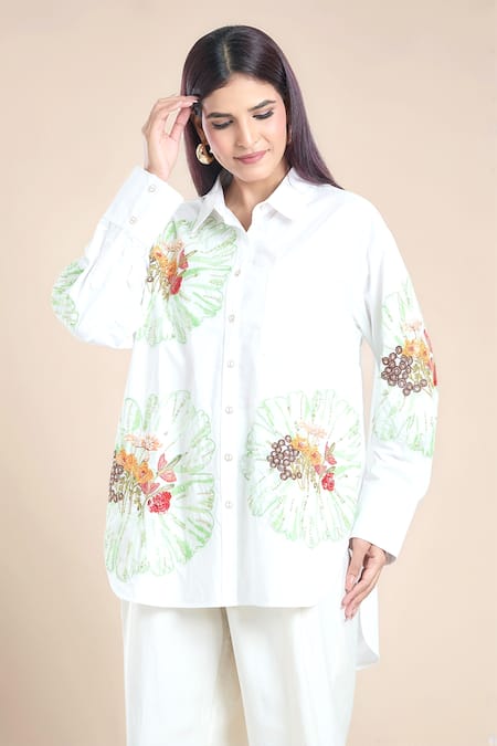 Rahul Mishra White Poplin Applique Embroidery Carnation Floral Shirt Collar  