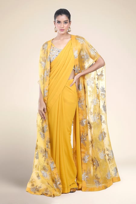 Bhumika Sharma Yellow Georgette Printed Floral Sweetheart Sylvia Cape And Saree Set 