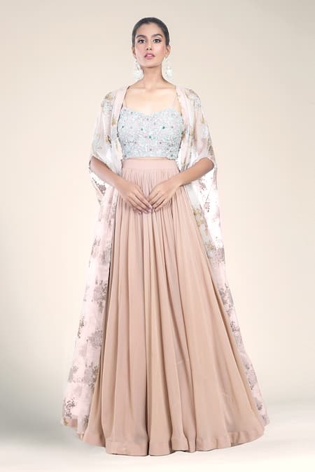 Bhumika Sharma Beige Organza Printed Floral Sweetheart Sylvia Cape Lehenga Set 