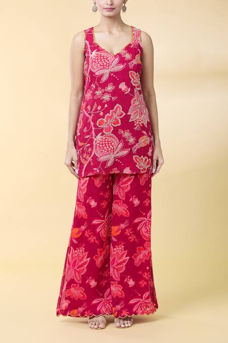 Kalakaari By Sagarika Maroon Georgette, Silk Organza Embroidery Floral Bloom Print Kurta Palazzo Set Online at Aza Fashions Kalakaari By Sagarika_Maroon Georgette, Silk Organza Embroidery Floral Bloom Print Kurta Palazzo Set _Online_at_Aza_Fashions