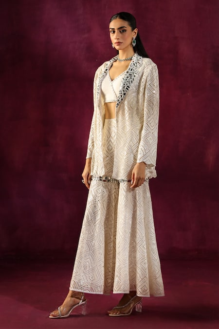 Buy Twenty Nine White Georgette Mirrors, Beads V-neck Neckline Embellished Crop Top Online at Aza Fashions Buy_Twenty Nine_White Georgette Mirrors, Beads V-neck Neckline Embellished Crop Top _Online_at_Aza_Fashions