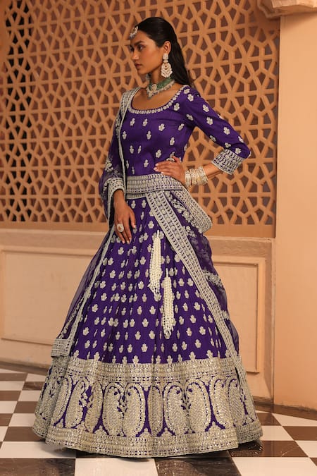 Sheetal Batra_Purple Silk, Net Pearls, Zari Scoop Aasmaa Floral Butti Embroidered Lehenga Set _Online_at_Aza_Fashions
