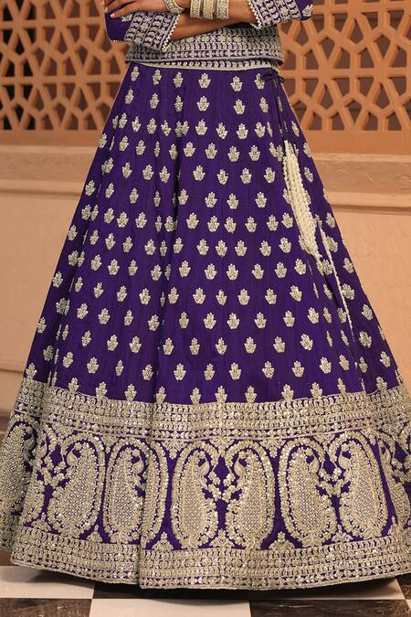 Buy_Sheetal Batra_Purple Silk, Net Pearls, Zari Scoop Aasmaa Floral Butti Embroidered Lehenga Set _Online_at_Aza_Fashions