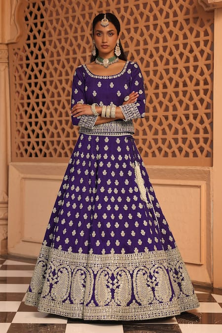 Shop_Sheetal Batra_Purple Silk, Net Pearls, Zari Scoop Aasmaa Floral Butti Embroidered Lehenga Set _Online_at_Aza_Fashions
