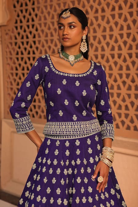 Sheetal Batra_Purple Silk, Net Pearls, Zari Scoop Aasmaa Floral Butti Embroidered Lehenga Set _at_Aza_Fashions