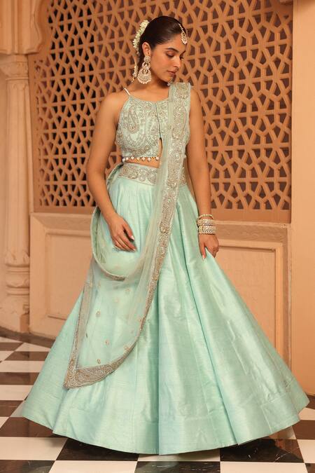 Buy Sheetal Batra Green Silk, Net Pearls, Beads, Embroidery Scoop Neck Afsa Raw Lehenga Set Online at Aza Fashions Buy_Sheetal Batra_Green Silk, Net Pearls, Beads, Embroidery Scoop Neck Afsa Raw Lehenga Set _Online_at_Aza_Fashions