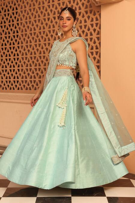 Shop Sheetal Batra Green Silk, Net Pearls, Beads, Embroidery Scoop Neck Afsa Raw Lehenga Set Online at Aza Fashions Shop_Sheetal Batra_Green Silk, Net Pearls, Beads, Embroidery Scoop Neck Afsa Raw Lehenga Set _Online_at_Aza_Fashions