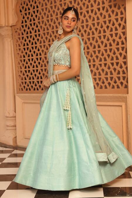 Sheetal Batra Green Silk, Net Pearls, Beads, Embroidery Scoop Neck Afsa Raw Lehenga Set at Aza Fashions Sheetal Batra_Green Silk, Net Pearls, Beads, Embroidery Scoop Neck Afsa Raw Lehenga Set _at_Aza_Fashions