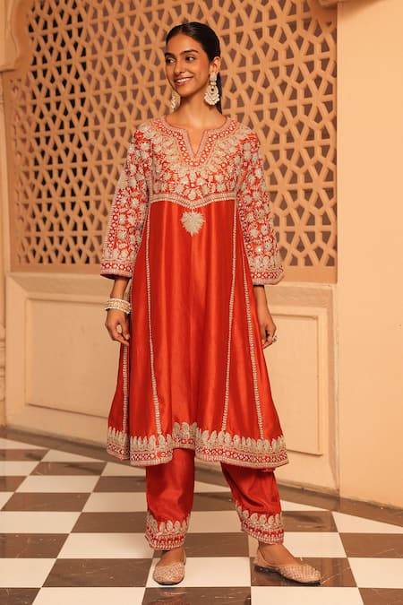 Shop_Sheetal Batra_Orange , Organza Embroidery Aiman Chauga Kurta And Salwar Set _Online_at_Aza_Fashions