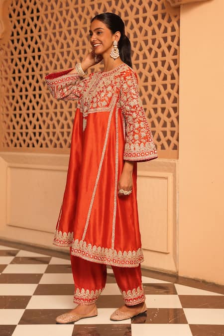 Sheetal Batra_Orange , Organza Embroidery Aiman Chauga Kurta And Salwar Set _at_Aza_Fashions