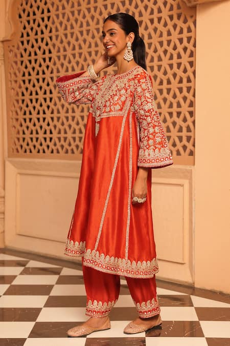 Shop_Sheetal Batra_Orange , Chanderi Embroidery Aiman Chauga Kurta Salwar Set _Online_at_Aza_Fashions