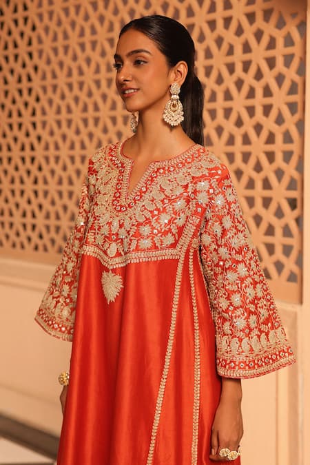 Sheetal Batra_Orange , Chanderi Embroidery Aiman Chauga Kurta Salwar Set _at_Aza_Fashions