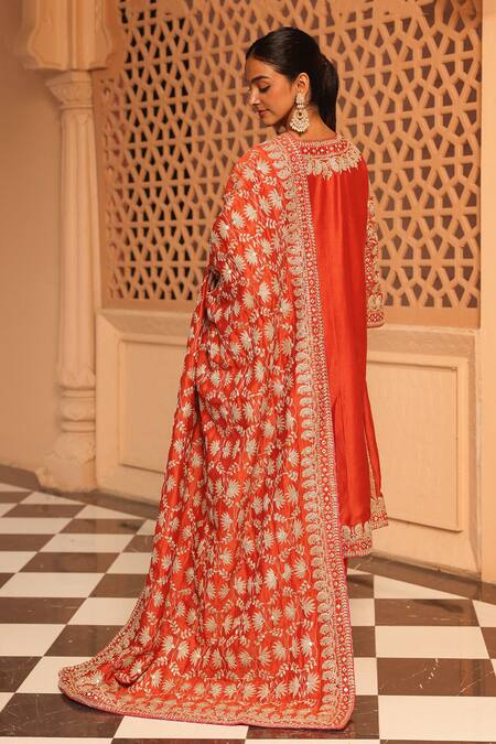 Buy_Sheetal Batra_Orange , Chanderi Embroidery Aiman Chauga Kurta Salwar Set 