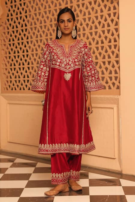 Sheetal Batra Red Chauga Kurta Silk Chanderi Embroidery Floral Aiman A-line With Salwar 