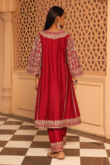 Shop Sheetal Batra Red , Organza Mirrors, Aiman A-line Chauga Kurta With Salwar at Aza Fashions Shop_Sheetal Batra_Red , Organza Mirrors, Aiman A-line Chauga Kurta With Salwar _at_Aza_Fashions