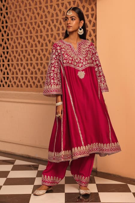 Buy_Sheetal Batra_Pink , Organza Embroidery, Aiman A-line Chauga Kurta Salwar Set _Online_at_Aza_Fashions