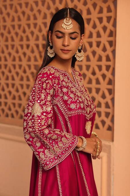 Buy_Sheetal Batra_Pink Silk, Chanderi Embroidery Aiman Kashmiri Tilla Chauga Kurta Salwar Set _Online_at_Aza_Fashions