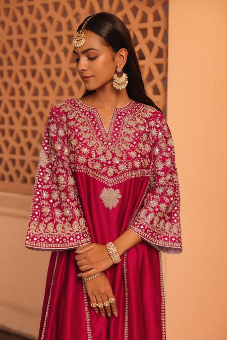 Shop_Sheetal Batra_Pink Silk, Chanderi Embroidery Aiman Kashmiri Tilla Chauga Kurta Salwar Set _Online_at_Aza_Fashions