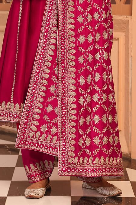 Sheetal Batra_Pink Silk, Chanderi Embroidery Aiman Kashmiri Tilla Chauga Kurta Salwar Set _at_Aza_Fashions