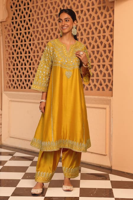 Buy_Sheetal Batra_Yellow Silk Embroidery Aiman Kashmiri Tilla Chauga Kurta With Salwar _Online_at_Aza_Fashions