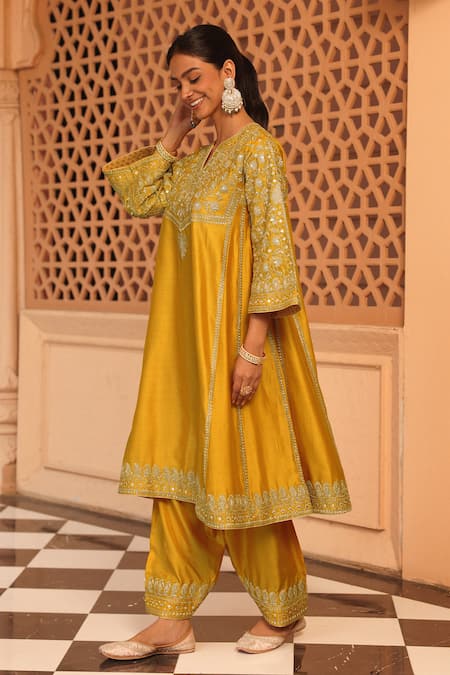 Shop_Sheetal Batra_Yellow Silk Embroidery Aiman Kashmiri Tilla Chauga Kurta With Salwar _Online_at_Aza_Fashions
