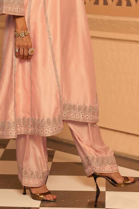 Sheetal Batra_Pink Silk, Chanderi Embroidery, Mirrors Aiman Bodice Chauga Kurta Salwar Set _Online_at_Aza_Fashions
