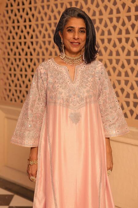 Shop_Sheetal Batra_Pink Silk, Chanderi Embroidery, Mirrors Aiman Bodice Chauga Kurta Salwar Set _Online_at_Aza_Fashions