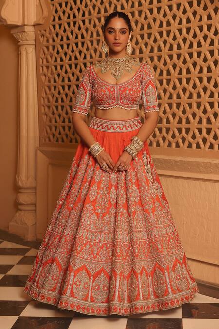 Buy_Sheetal Batra_Orange Organza, Embroidery, Pearls Faizah Floral Bridal Lehenga Set _Online_at_Aza_Fashions