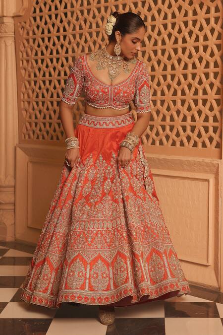 Shop_Sheetal Batra_Orange Organza, Embroidery, Pearls Faizah Floral Bridal Lehenga Set _Online_at_Aza_Fashions