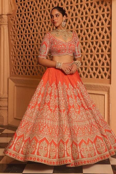 Sheetal Batra_Orange Organza, Embroidery, Pearls Faizah Floral Bridal Lehenga Set _at_Aza_Fashions