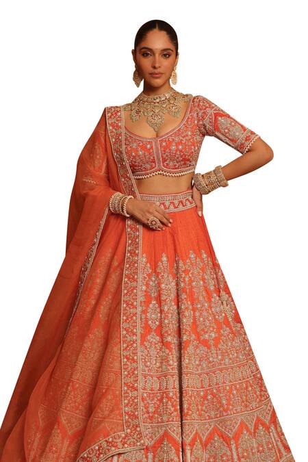 Shop_Sheetal Batra_Orange Organza, Embroidery, Pearls Faizah Floral Bridal Lehenga Set 