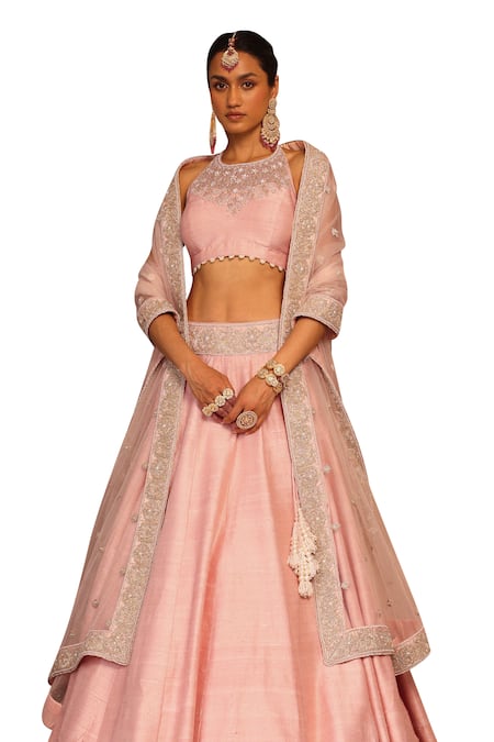 Sheetal Batra Pink Silk, Net Pearls, Zari Halter Neck Humeyra Raw Lehenga Set Online at Aza Fashions Sheetal Batra_Pink Silk, Net Pearls, Zari Halter Neck Humeyra Raw Lehenga Set _Online_at_Aza_Fashions