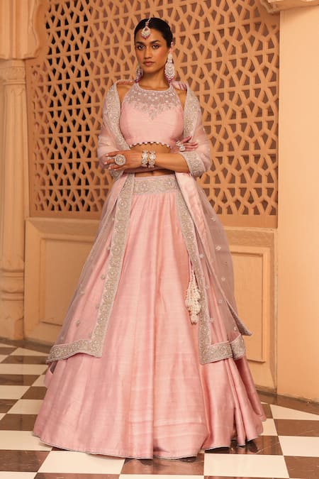 Shop Sheetal Batra Pink Silk, Net Pearls, Zari Halter Neck Humeyra Raw Lehenga Set Online at Aza Fashions Shop_Sheetal Batra_Pink Silk, Net Pearls, Zari Halter Neck Humeyra Raw Lehenga Set _Online_at_Aza_Fashions