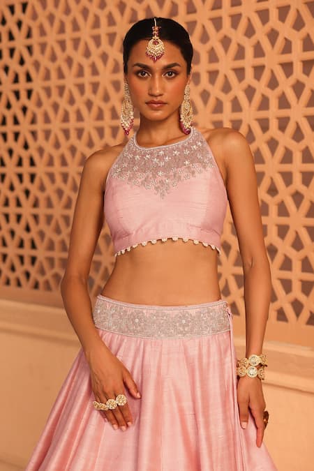 Buy Sheetal Batra Pink Silk, Net Pearls, Zari Halter Neck Humeyra Raw Lehenga Set Buy_Sheetal Batra_Pink Silk, Net Pearls, Zari Halter Neck Humeyra Raw Lehenga Set