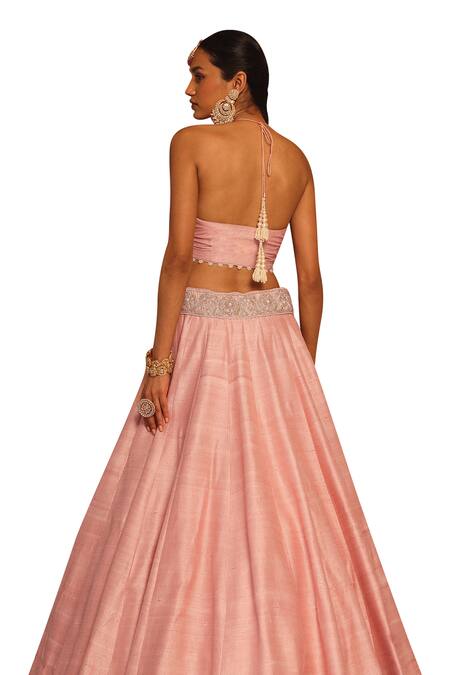 Shop Sheetal Batra Pink Silk, Net Pearls, Zari Halter Neck Humeyra Raw Lehenga Set Shop_Sheetal Batra_Pink Silk, Net Pearls, Zari Halter Neck Humeyra Raw Lehenga Set