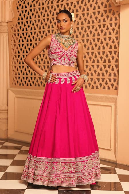 Sheetal Batra_Pink , , Pearls, Embroidery Ilma Paisley Lehenga Set _Online_at_Aza_Fashions